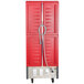 A red Metro C5 heated holding cabinet with solid Dutch doors.