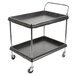 A black Metro utility cart with two deep shelves and wheels.