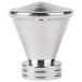 A close-up of a metal Vollrath knob with a cone-shaped base.