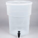 A clear plastic container with a black handle and spigot.