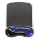A close-up of a blue and black Kensington Duo Gel Wave mouse pad.
