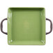 A green square Libbey stoneware baker with two handles.