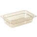 A Cambro amber plastic food pan with a clear lid.