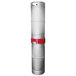 A white cylinder with a red band and a red handle on top.
