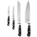 A white rectangular Mercer Culinary knife board with black text and three black handle knives.