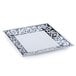 A black and white square melamine plate with a silver border.