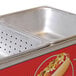 A stainless steel hot dog container with a lid and holes.
