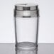A clear glass American Metalcraft cheese shaker with a stainless steel lid.