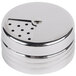 An American Metalcraft clear glass cheese shaker with a stainless steel dial top with holes.