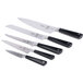 A group of Mercer Culinary Z&#252;M knives with black handles in a wood and glass knife block.
