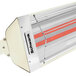 A Schwank almond electric infrared patio heater with a red light.
