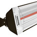 A Schwank electric patio heater with a metal and glass light and red trim.
