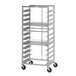 A Channel bottom load donut basket rack with three shelves on wheels.