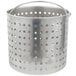 A silver metal Vollrath fryer basket with holes.