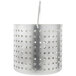 A silver metal Vollrath fryer basket with holes.