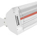 A close-up of a white Schwank ES-3061-20 electric patio heater with a red light.