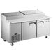 An Avantco stainless steel refrigerated pizza prep table with two doors.