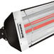 A close-up of a black and white Schwank electric patio heater with red trim.
