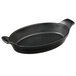 A black oval shaped pan with handles.