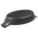 An Elite Global Solutions black faux cast iron oval skillet with handles and a black plastic lid.