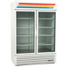A white True refrigerated merchandiser with sliding glass doors.