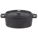 An American Metalcraft pre-seasoned black cast iron oval pot with a lid.