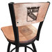 A black steel bar height swivel chair with a maple back and seat engraved with the New York Rangers logo.