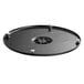 A black round cast iron table base plate with screws.