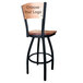 A black steel restaurant bar stool with NHL logo laser engraving on the maple wood back and seat.