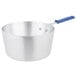 A silver sauce pan with a blue silicone handle.