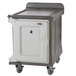 A white and grey Cambro meal delivery cart on wheels.