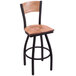 A black steel restaurant bar stool with a wooden back and seat with an NCAA logo.