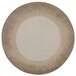 A white melamine plate with a brown crackle-finished border.