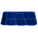 A blue Carlisle polypropylene tray with six compartments.