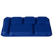 A blue rectangular Carlisle polypropylene tray with 6 compartments.