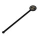 A black drink stirrer with a gold circle and logo.