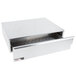 A silver stainless steel drawer for hot dog buns.