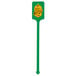 A green rectangular plastic stirrer with a yellow and green label.