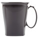 A grey coffee mug with a handle.