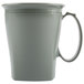 A white mug with a gray handle.