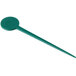 A green plastic round disc pick with a long handle.