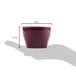A hand holding a Cambro cranberry red insulated plastic bowl with measurements.