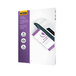 A pack of Fellowes legal laminating pouches with a purple cover.