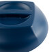A close-up of a navy blue plastic dome lid with a white stripe in the middle.