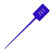 A blue plastic rectangular pick with white text on the paddle.