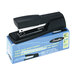 A black Swingline stapler with a black handle sitting in a blue box with yellow text.