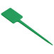 A green plastic rectangular pick with a long tip.