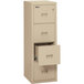 A beige FireKing file cabinet with four drawers.