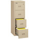 A FireKing parchment four-drawer filing cabinet with a yellow file drawer.