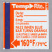 A Taylor TempRite dishwasher test label with white and orange text.